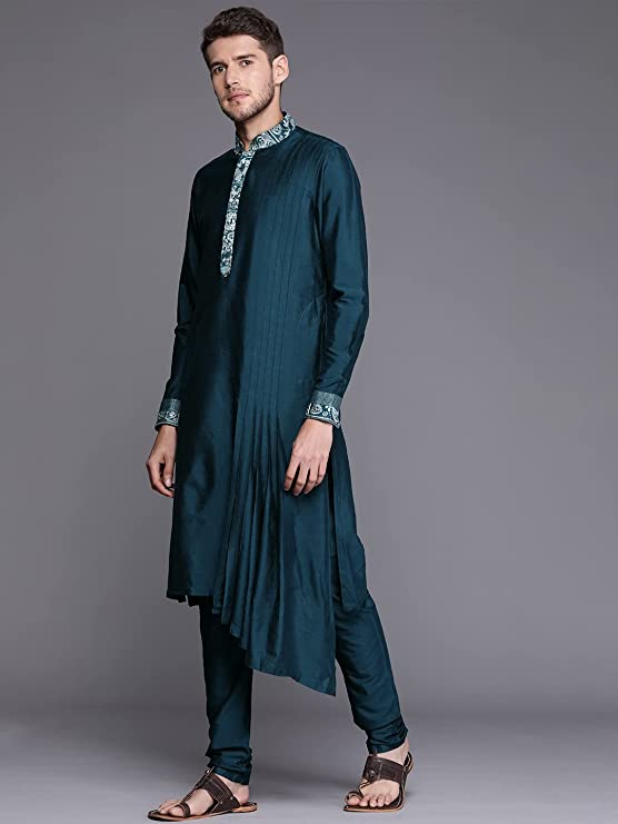 Manyavar Kurta Jacket Set for Men, Full Sleeves Mandarin Collar Ethnic Wear Jacket Set for Festival, Wedding, Party Blended Viscose (Blue) - Image 3