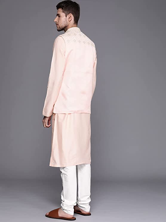 Manyavar Kurta Jacket Set for Men, Full Sleeves Mandarin Collar Ethnic Wear Jacket Set for Festival, Wedding, Party Blended Viscose (Pink) - Image 3