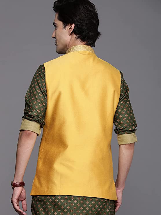 Manyavar Mens Jacket, Nehru Jacket for Men, Ethnic Jacket for Festival, Wedding, Party Sleevless Jacket (Mustard) - Image 3
