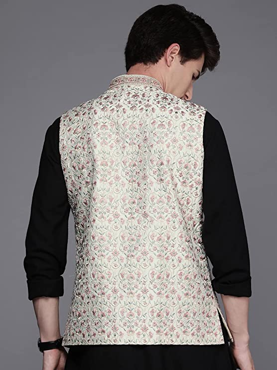 Manyavar Mens Jacket, Nehru Jacket For Men, Ethnic Jacket for Festival, Wedding, Party, Sleevless Jacket (Off White) - Image 3