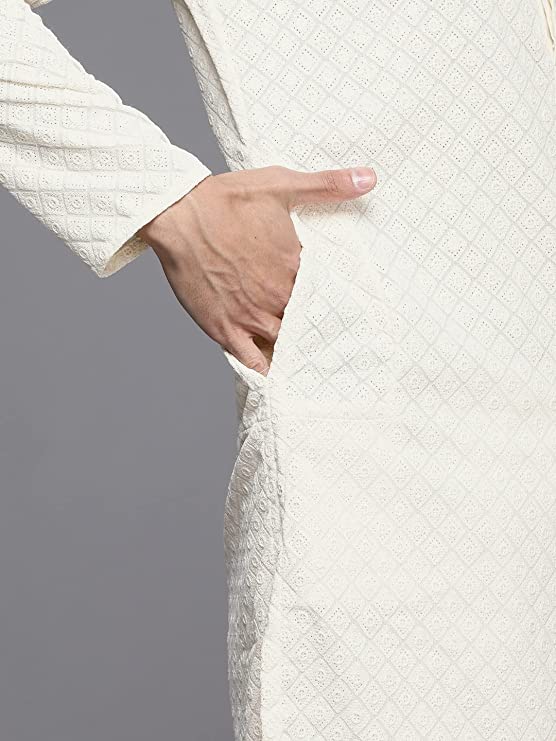 Manyavar Kurta Set for Men, Full Sleeves Mandarin Collar Ethnic Kurta Set for Engagement, Wedding, Party All Over Self Design (Off White) - Image 3