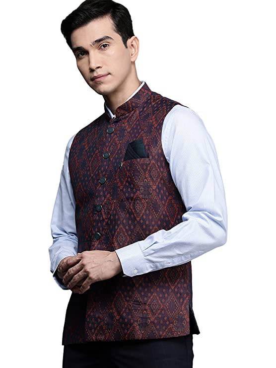 Manyavar Nehru Jacket for Men, Ethnic Jacket for Festival, Wedding, Party, Sleevless Jacket, All Over Self Design - Image 3